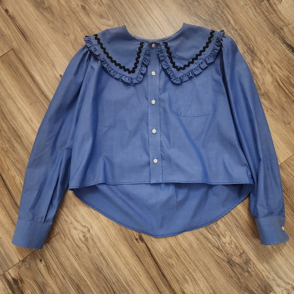 Re-styled Men's Shirt Blue Peter Pan Collar Ric-rac Trim Size Small